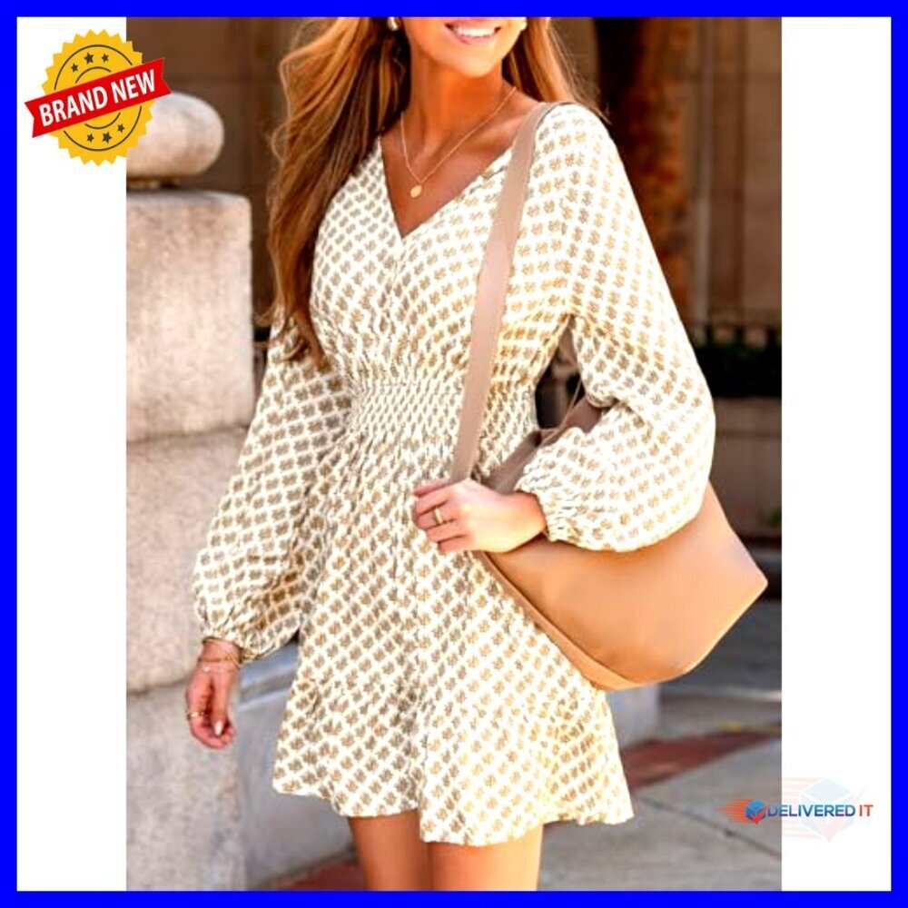 V Neck Long Sleeve Mini Dress Smocked Waist A Line Casual Sundress Elegant - Picture 3 of 7